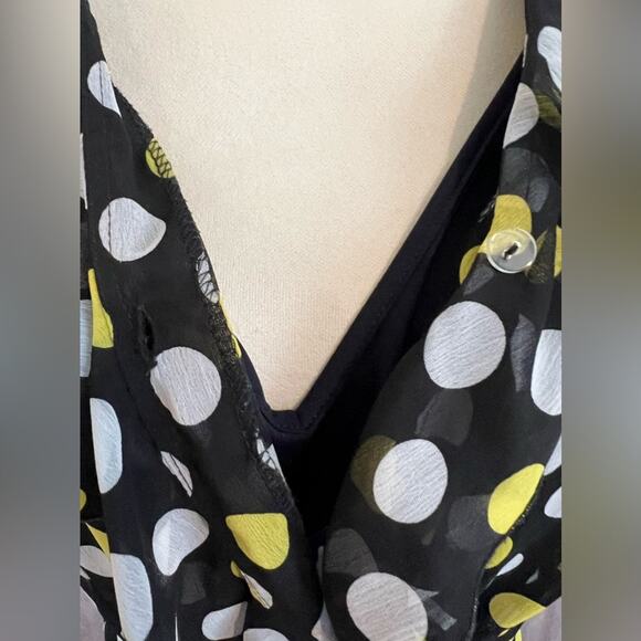 JBS Navy Blue Sheer Polka Dot Blouson Dress Yellow & White Dots Ruffled Hem 18WP - Picture 9 of 10